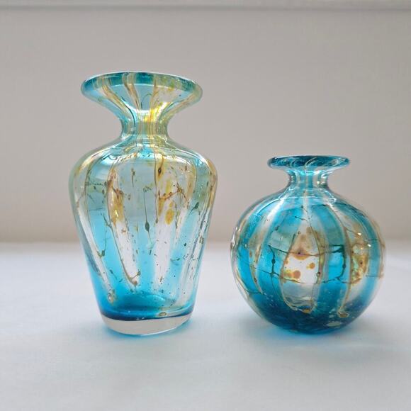 Mdina Two Mini Glass Vases Maltese Art Crystal Blue Stripe Crizzle 1970's MCM - Picture 4 of 16